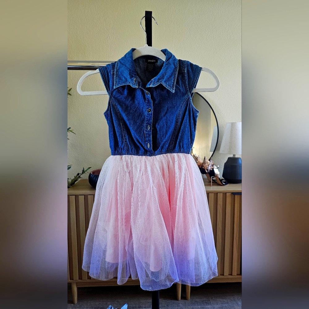Zunie Blue Denim Dress with Pink Skirt